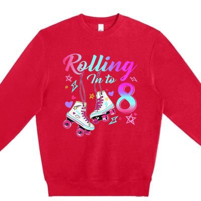 Rolling Into 8th Birthday Roller Skates 8 Year Old Rolling Premium Crewneck Sweatshirt