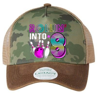 Rollin Into 8 Bowling Birthday Party 8th Birthday Retro Girl Legacy Tie Dye Trucker Hat