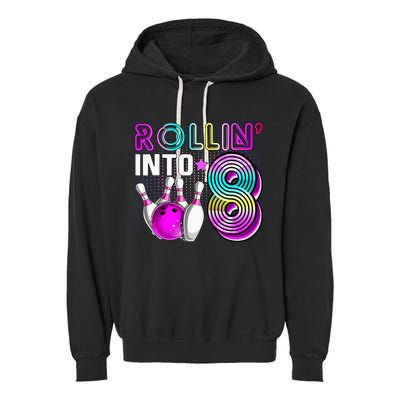Rollin Into 8 Bowling Birthday Party 8th Birthday Retro Girl Garment-Dyed Fleece Hoodie