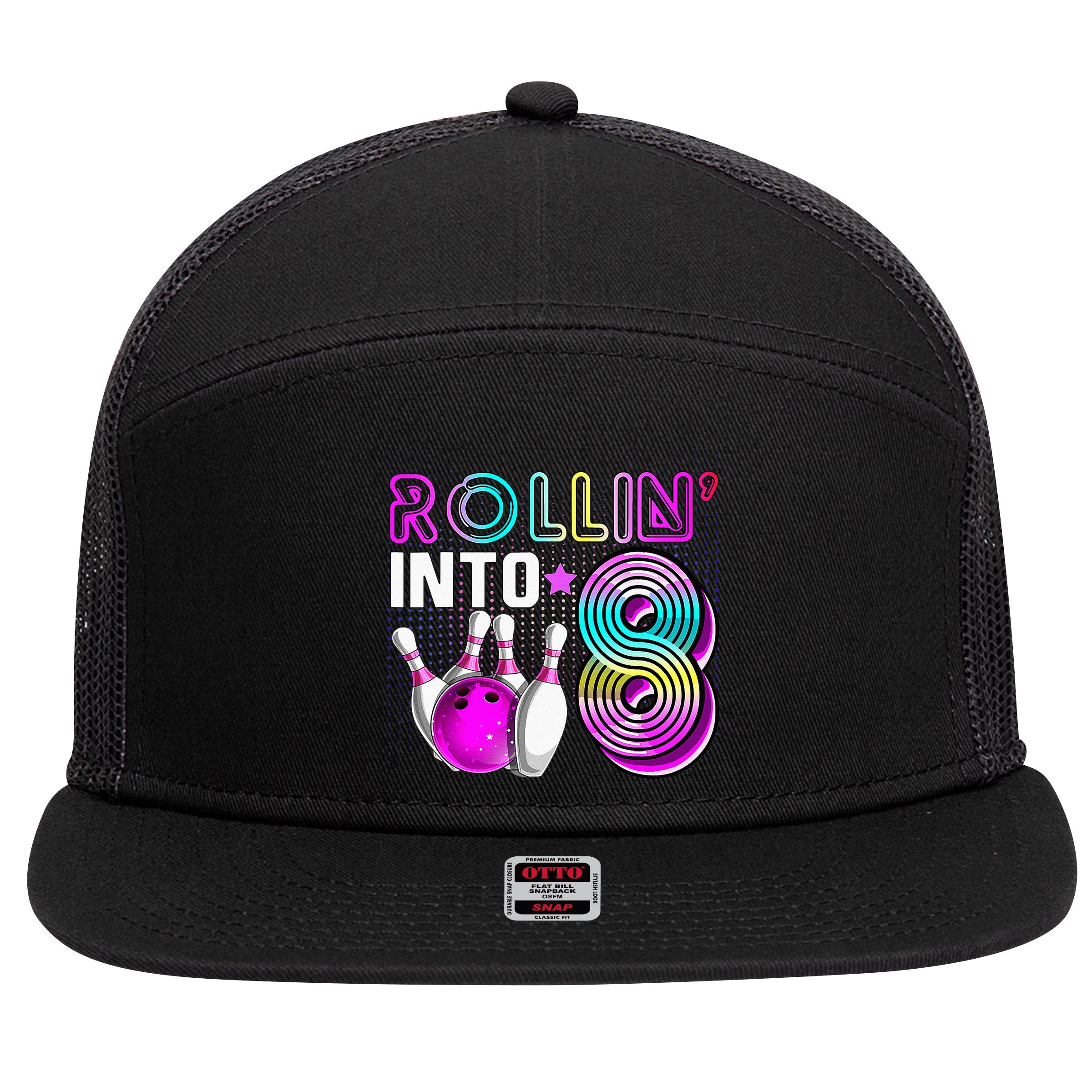 Rollin Into 8 Bowling Birthday Party 8th Birthday Retro Girl 7 Panel Mesh Trucker Snapback Hat