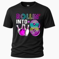Rollin Into 8 Bowling Birthday Party 8th Birthday Retro Girl Cooling Performance Crew T-Shirt