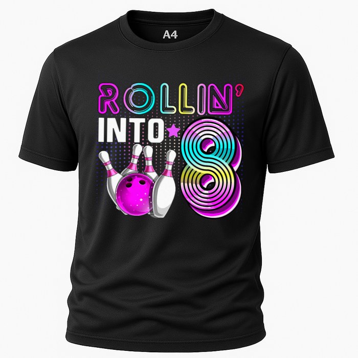 Rollin Into 8 Bowling Birthday Party 8th Birthday Retro Girl Cooling Performance Crew T-Shirt