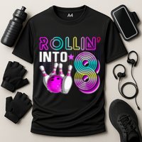 Rollin Into 8 Bowling Birthday Party 8th Birthday Retro Girl Cooling Performance Crew T-Shirt