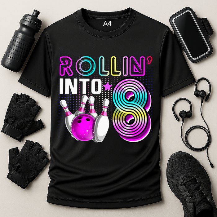 Rollin Into 8 Bowling Birthday Party 8th Birthday Retro Girl Cooling Performance Crew T-Shirt