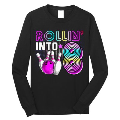 Rollin Into 8 Bowling Birthday Party 8th Birthday Retro Girl Long Sleeve Shirt