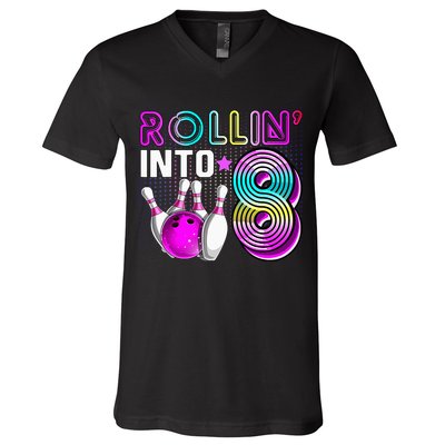 Rollin Into 8 Bowling Birthday Party 8th Birthday Retro Girl V-Neck T-Shirt