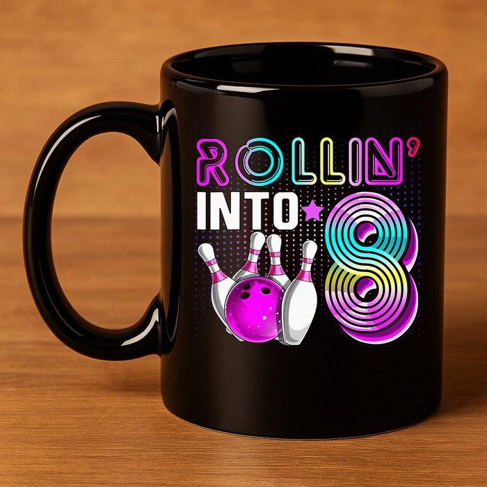 Rollin Into 8 Bowling Birthday Party 8th Birthday Retro Girl 11oz C Handle Ceramic Mug