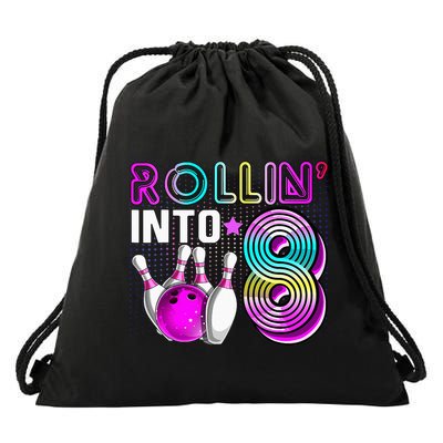 Rollin Into 8 Bowling Birthday Party 8th Birthday Retro Girl Drawstring Bag