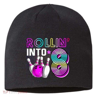 Rollin Into 8 Bowling Birthday Party 8th Birthday Retro Girl Sustainable Beanie