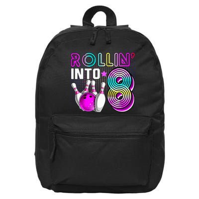 Rollin Into 8 Bowling Birthday Party 8th Birthday Retro Girl 16 in Basic Backpack
