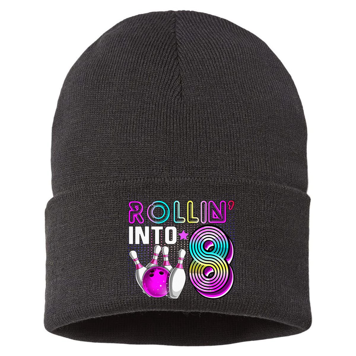 Rollin Into 8 Bowling Birthday Party 8th Birthday Retro Girl Sustainable Knit Beanie