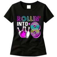 Rollin Into 8 Bowling Birthday Party 8th Birthday Retro Girl Womens T-Shirt