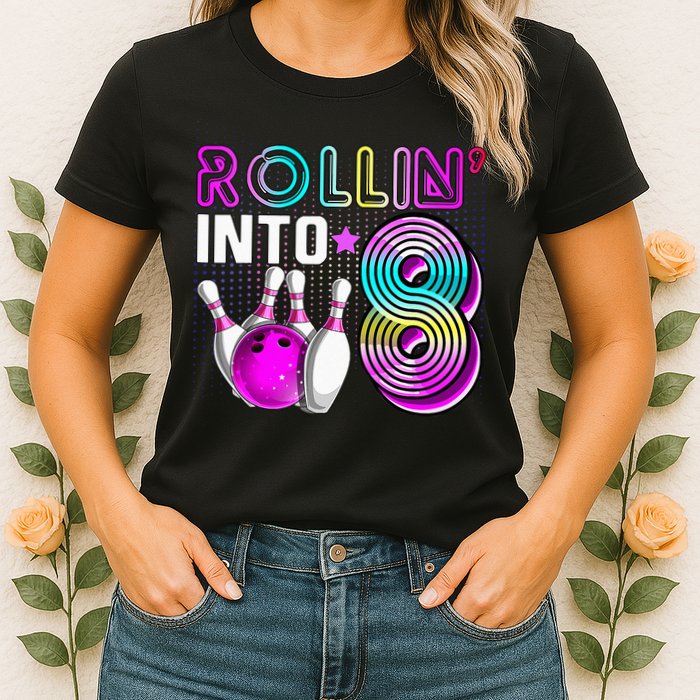Rollin Into 8 Bowling Birthday Party 8th Birthday Retro Girl Womens T-Shirt