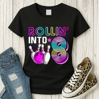 Rollin Into 8 Bowling Birthday Party 8th Birthday Retro Girl Womens T-Shirt