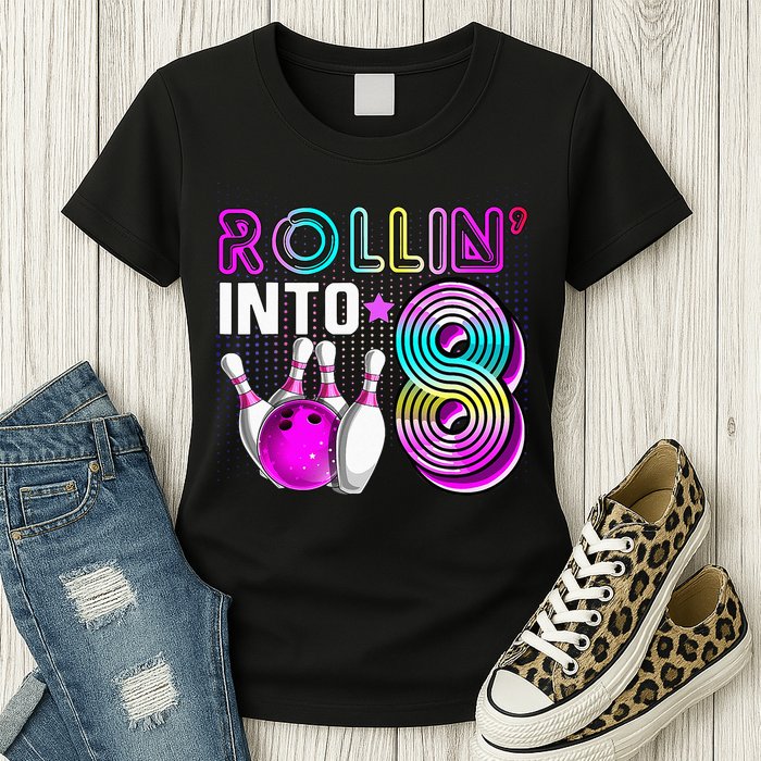 Rollin Into 8 Bowling Birthday Party 8th Birthday Retro Girl Womens T-Shirt