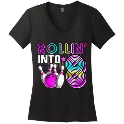 Rollin Into 8 Bowling Birthday Party 8th Birthday Retro Girl Women's V-Neck T-Shirt