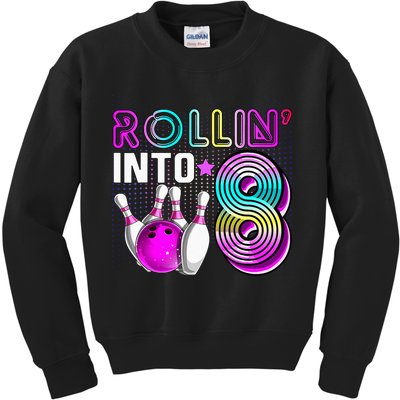 Rollin Into 8 Bowling Birthday Party 8th Birthday Retro Girl Kids Sweatshirt