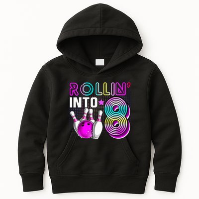 Rollin Into 8 Bowling Birthday Party 8th Birthday Retro Girl Kids Hoodie