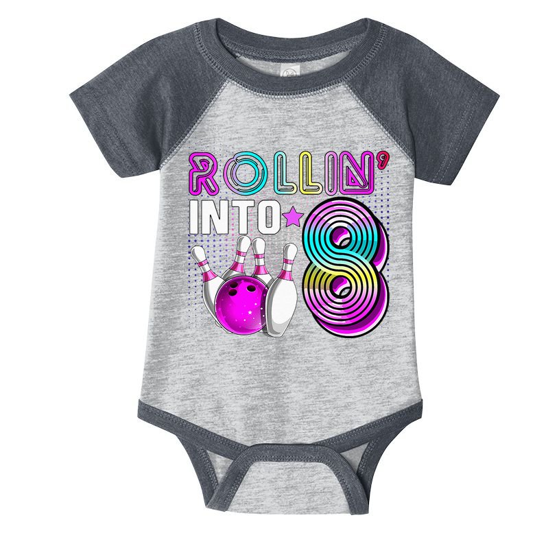 Rollin Into 8 Bowling Birthday Party 8th Birthday Retro Girl Infant Baby Jersey Bodysuit