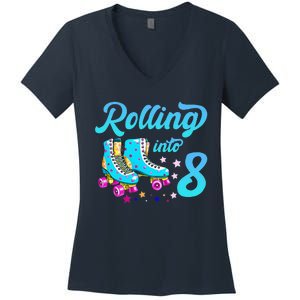 Rolling Into 8 Eighth Birthday Rollerblades 8 Years Old Women's V-Neck T-Shirt