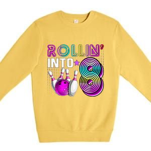 Rollin Into 8 Bowling Birthday Party 8th Birthday Retro Girl Premium Crewneck Sweatshirt