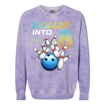 Rollin Into 8 Retro Bowling Birthday Party 8th Birthday Colorblast Crewneck Sweatshirt