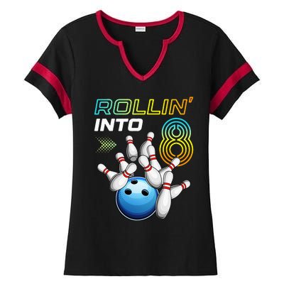 Rollin Into 8 Retro Bowling Birthday Party 8th Birthday Ladies Halftime Notch Neck Tee