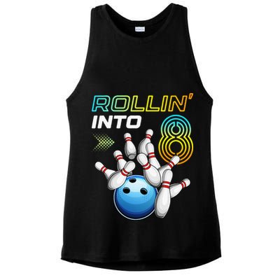 Rollin Into 8 Retro Bowling Birthday Party 8th Birthday Ladies PosiCharge Tri-Blend Wicking Tank