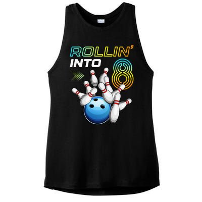 Rollin Into 8 Retro Bowling Birthday Party 8th Birthday Ladies PosiCharge Tri-Blend Wicking Tank