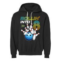 Rollin Into 8 Retro Bowling Birthday Party 8th Birthday Garment-Dyed Fleece Hoodie