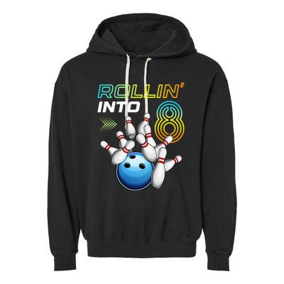 Rollin Into 8 Retro Bowling Birthday Party 8th Birthday Garment-Dyed Fleece Hoodie