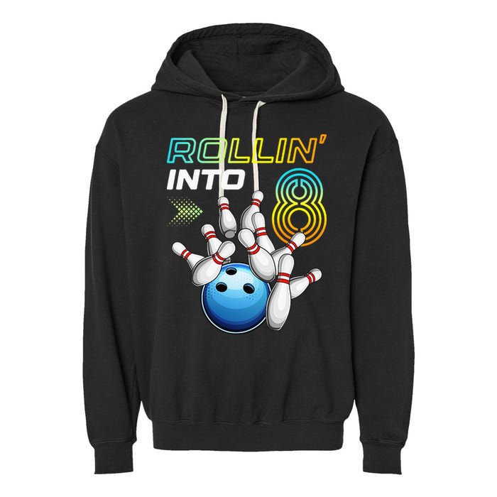 Rollin Into 8 Retro Bowling Birthday Party 8th Birthday Garment-Dyed Fleece Hoodie