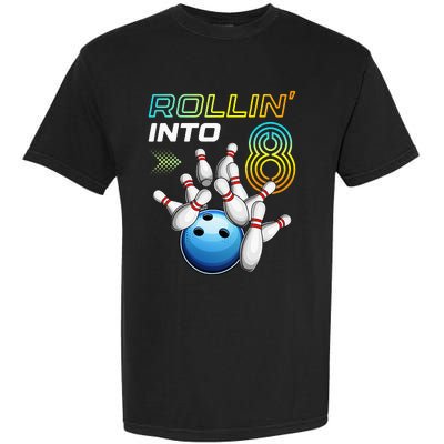 Rollin Into 8 Retro Bowling Birthday Party 8th Birthday Garment-Dyed Heavyweight T-Shirt