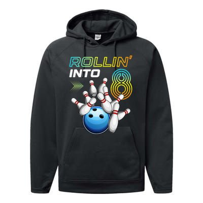 Rollin Into 8 Retro Bowling Birthday Party 8th Birthday Performance Fleece Hoodie