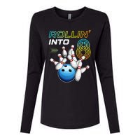 Rollin Into 8 Retro Bowling Birthday Party 8th Birthday Womens Cotton Relaxed Long Sleeve T-Shirt