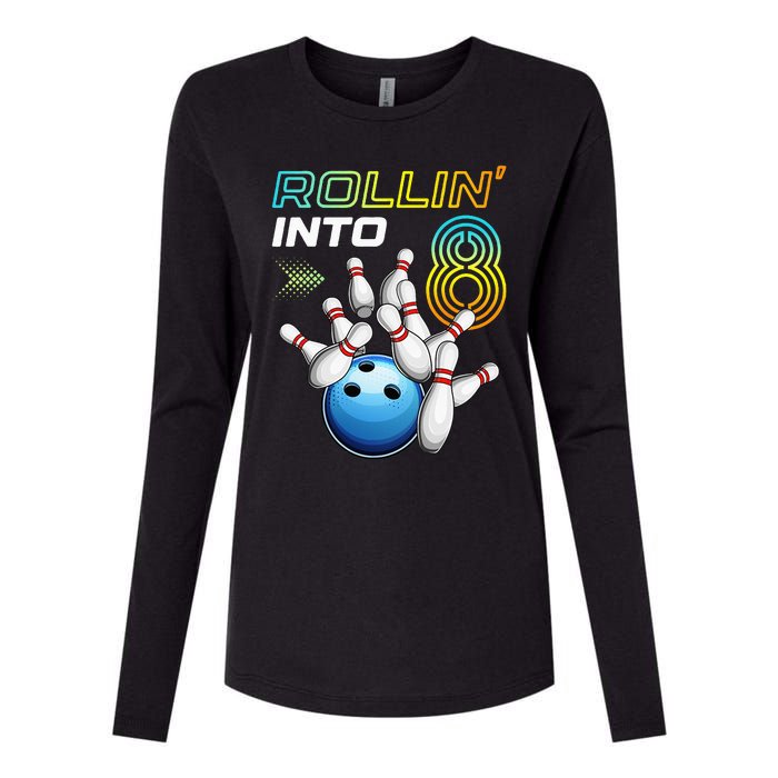 Rollin Into 8 Retro Bowling Birthday Party 8th Birthday Womens Cotton Relaxed Long Sleeve T-Shirt