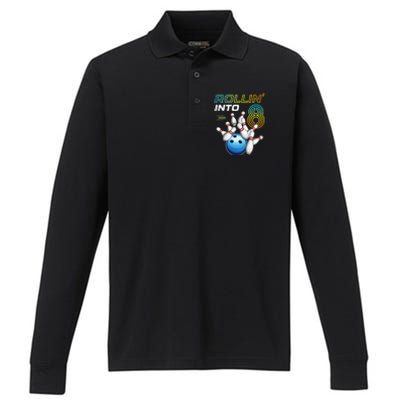 Rollin Into 8 Retro Bowling Birthday Party 8th Birthday Performance Long Sleeve Polo