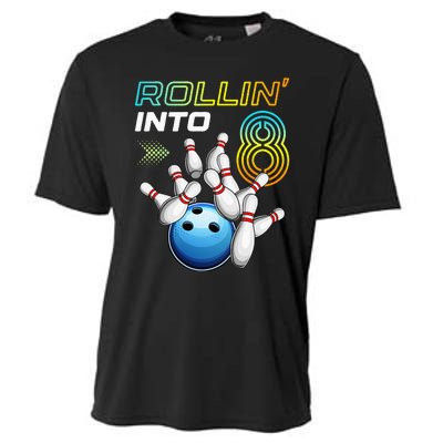 Rollin Into 8 Retro Bowling Birthday Party 8th Birthday Cooling Performance Crew T-Shirt