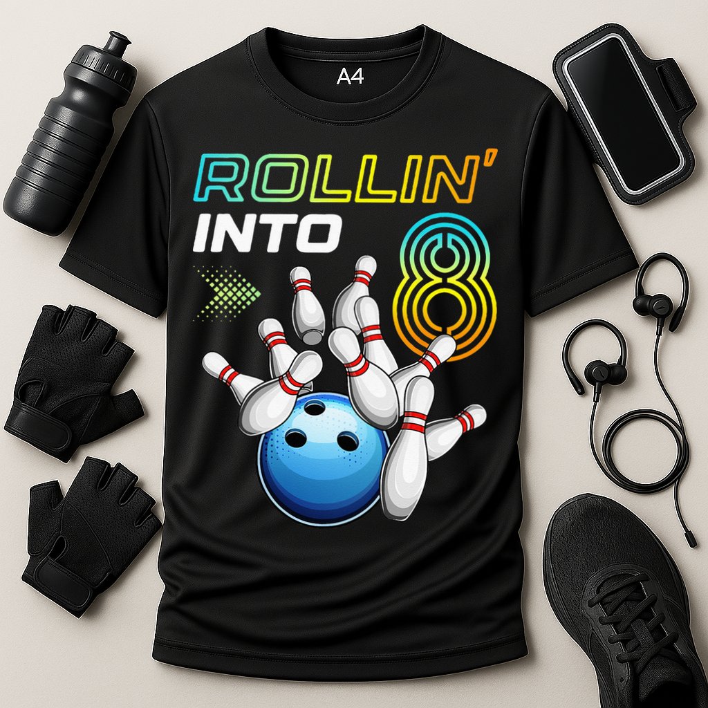 Rollin Into 8 Retro Bowling Birthday Party 8th Birthday Performance Shirt