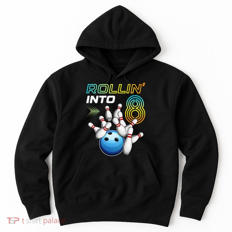 Rollin Into 8 Retro Bowling Birthday Party 8th Birthday Hoodie