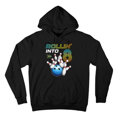 Rollin Into 8 Retro Bowling Birthday Party 8th Birthday Hoodie