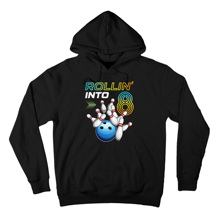 Rollin Into 8 Retro Bowling Birthday Party 8th Birthday Hoodie