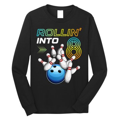 Rollin Into 8 Retro Bowling Birthday Party 8th Birthday Long Sleeve Shirt