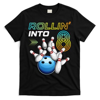 Rollin Into 8 Retro Bowling Birthday Party 8th Birthday T-Shirt