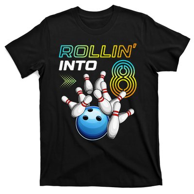 Rollin Into 8 Retro Bowling Birthday Party 8th Birthday T-Shirt