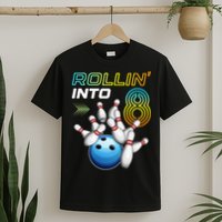Rollin Into 8 Retro Bowling Birthday Party 8th Birthday T-Shirt