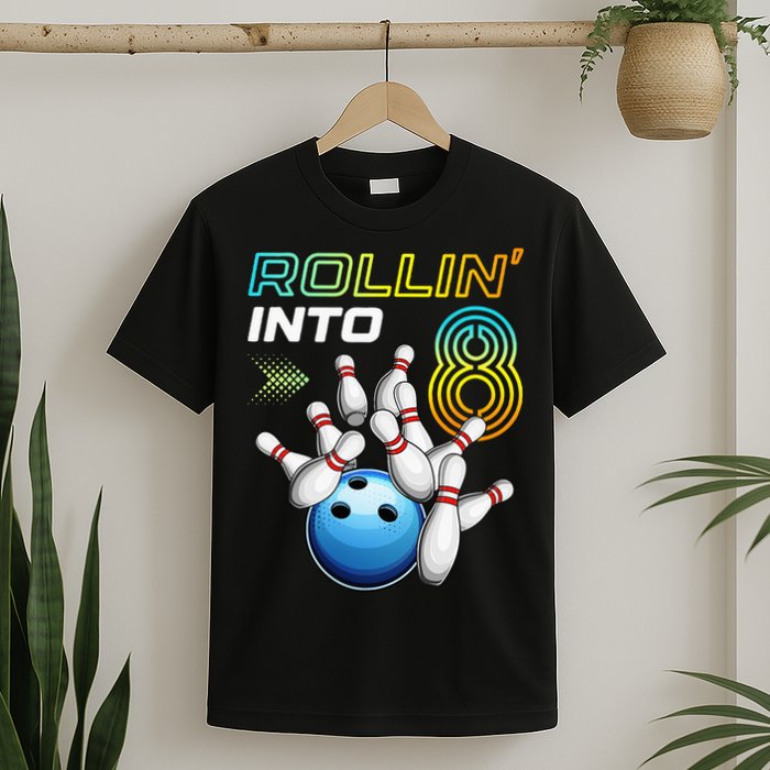 Rollin Into 8 Retro Bowling Birthday Party 8th Birthday T-Shirt