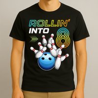 Rollin Into 8 Retro Bowling Birthday Party 8th Birthday T-Shirt