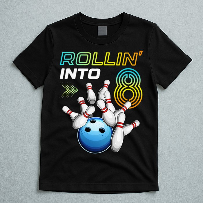 Rollin Into 8 Retro Bowling Birthday Party 8th Birthday T-Shirt