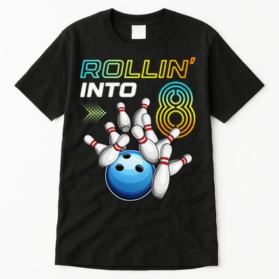 Rollin Into 8 Retro Bowling Birthday Party 8th Birthday Tall T-Shirt
